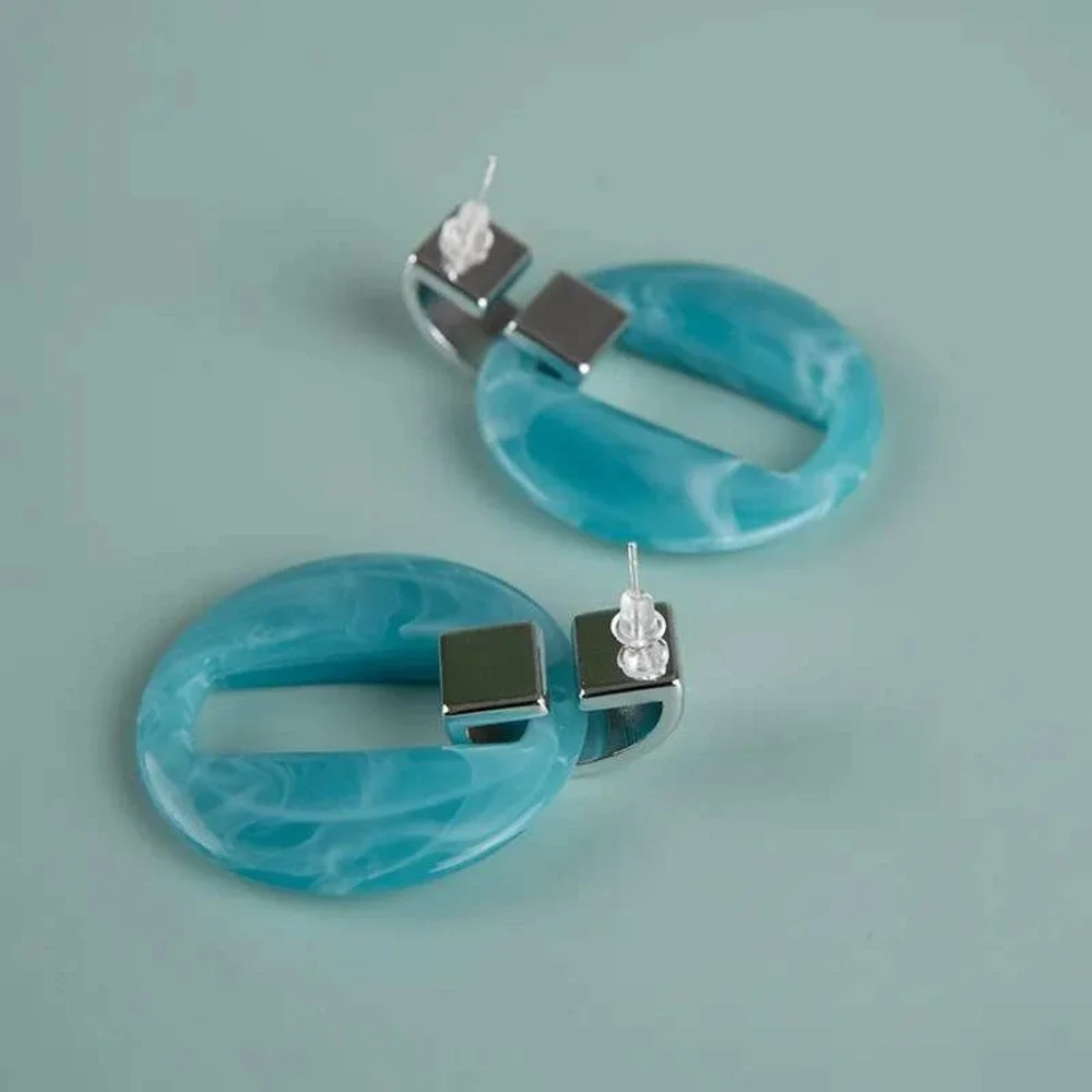 Hoop Drop Earrings Womens OS Teal Blue Marbled Resin‎ Silver Tone Boho Dangly